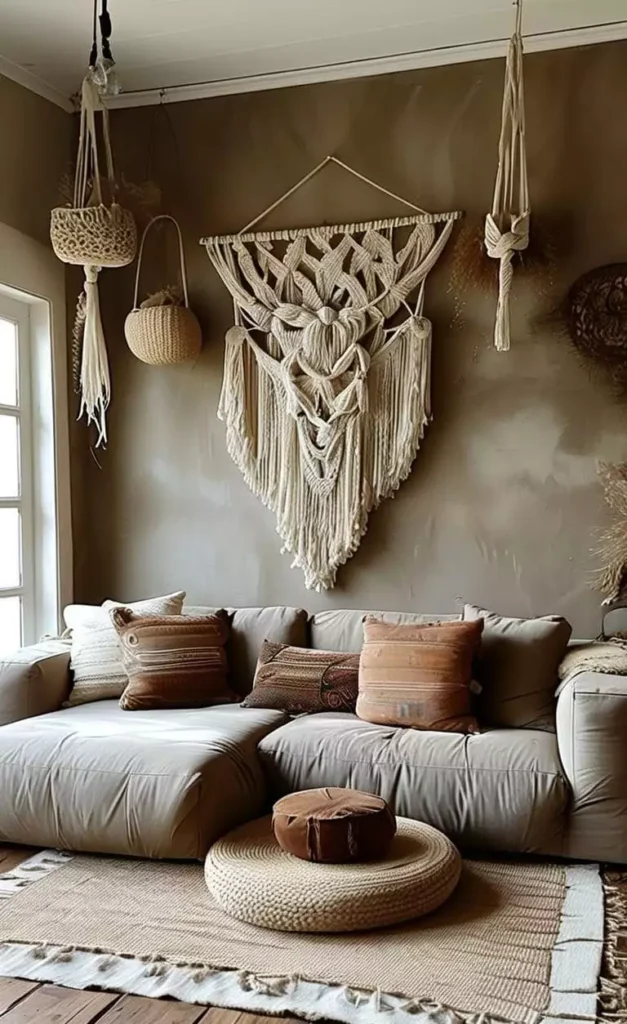 Clay-toned above sofa wall with oversized macrame over a modular sofa