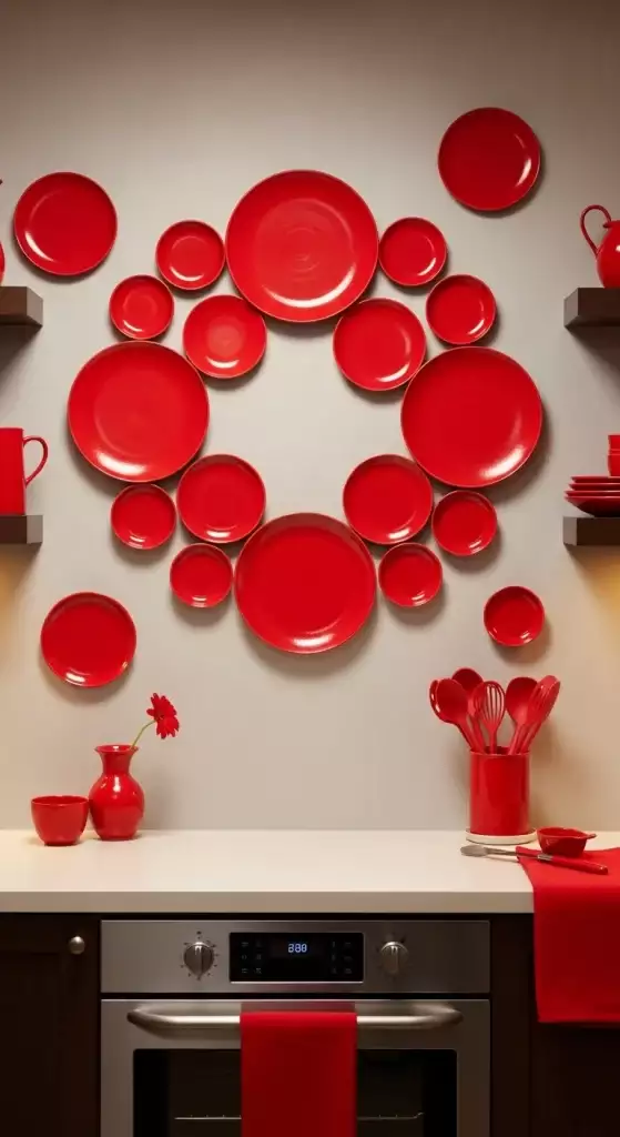 Cluster of red plates covering a kitchen wall above the oven