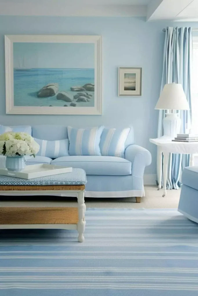 Coastal Light Blue Living Room With Striped Sofa Cushions