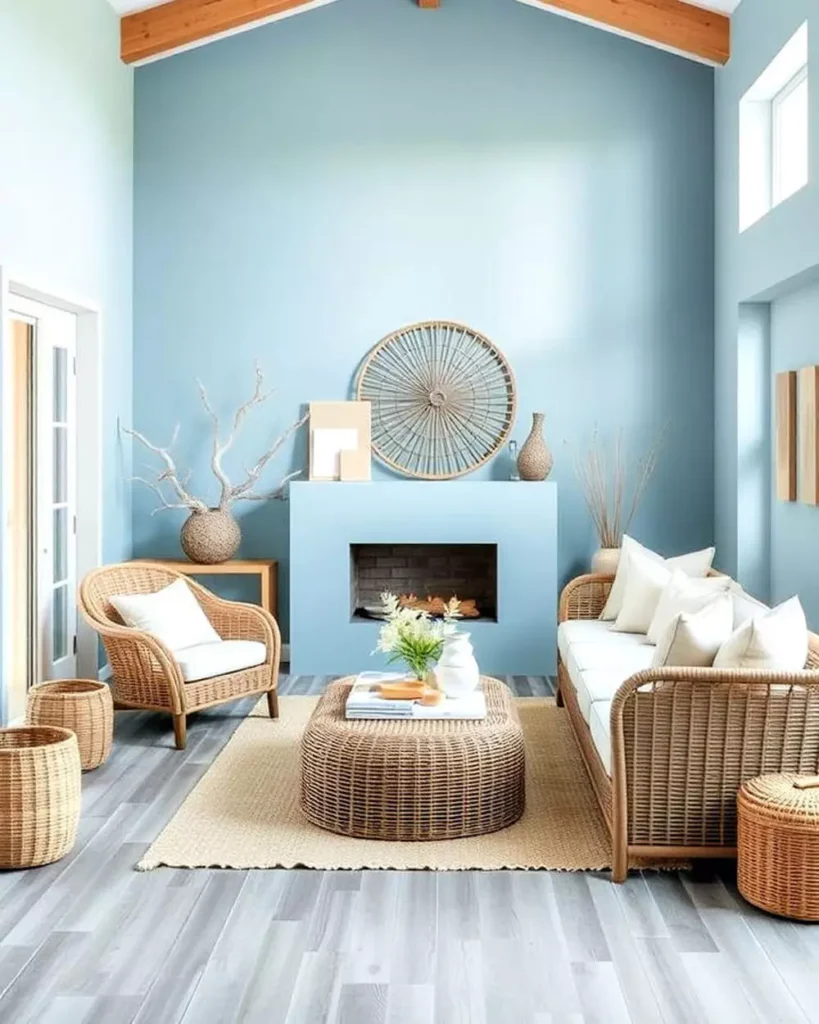 Coastal Style Blue Living Room With Rattan Furniture And Woven Accents