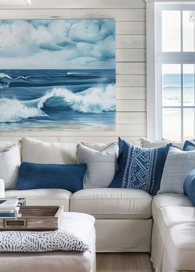 Coastal sofa under a crashing-wave canvas on a shiplap above sofa wall