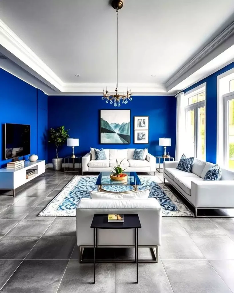Cobalt Blue Living Room Walls Above Grey Tile Flooring