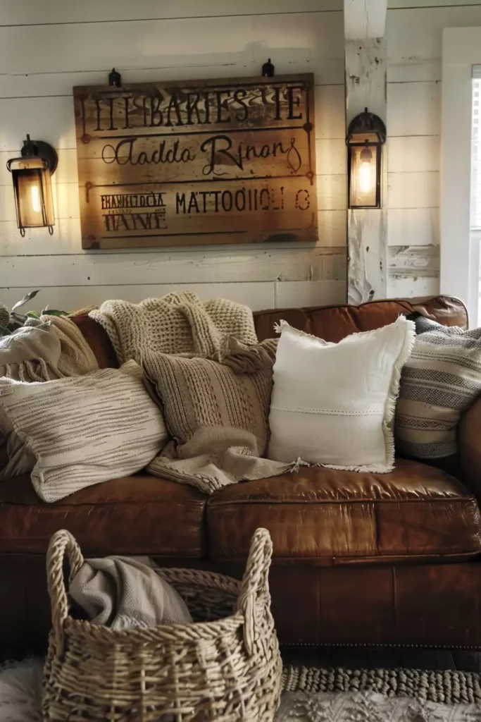 Cognac leather sofa under a branded wood sign on a shiplap above sofa wall