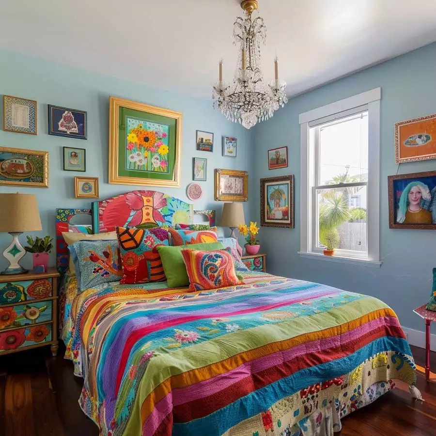 Colorful Boho Bedroom Wall Art Decor Above Quilted Bed