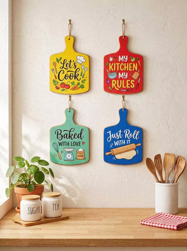 Colorful Cutting Board Shaped Signs Hung As Playful Kitchen Wall Decor Above A Butcher Block Counter