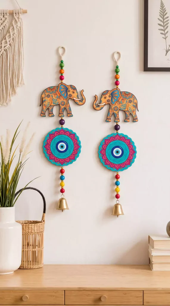 Colorful elephant and evil-eye Diwali wall decor hangings with brass bells