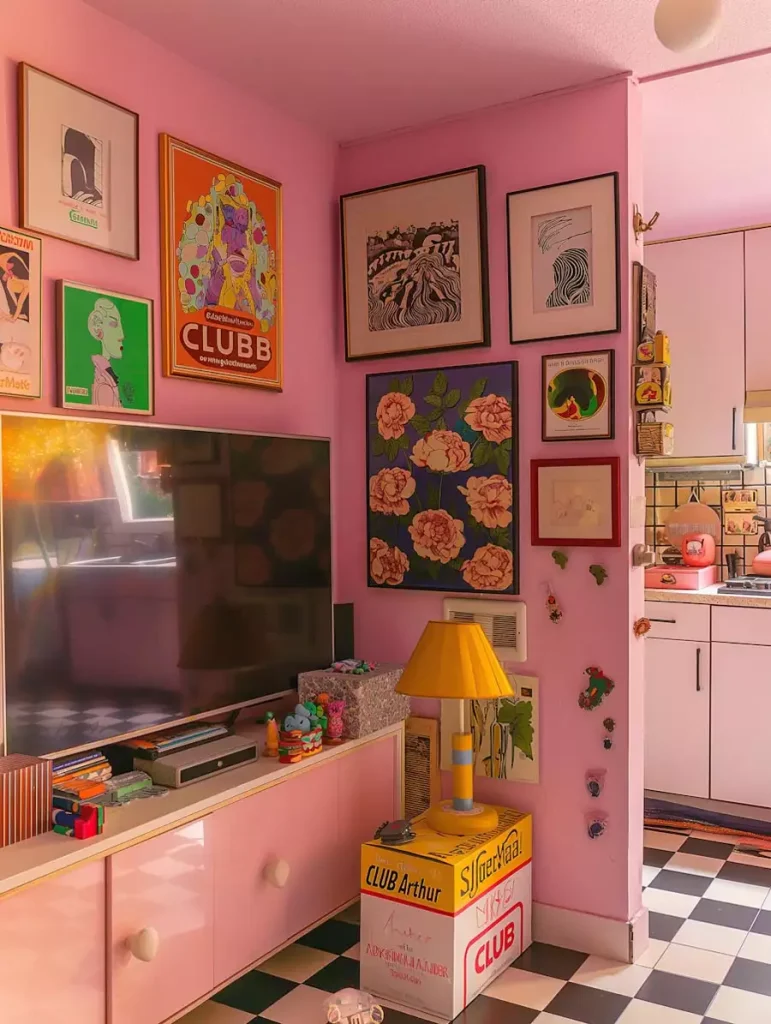 Colorful Gallery Wall Decor Display On A Bright Pink Wall