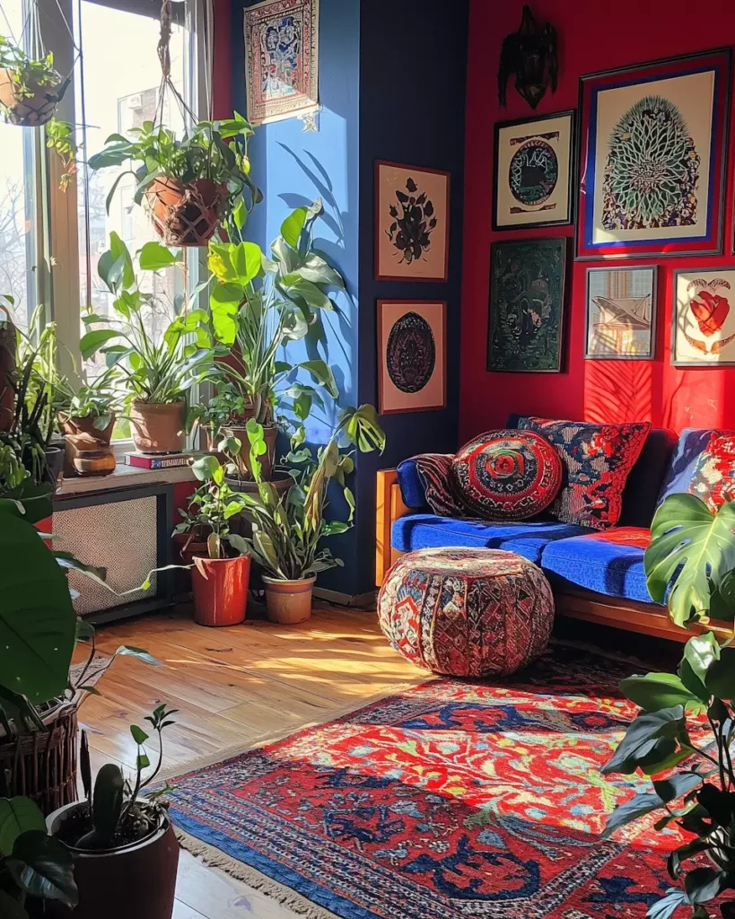 Colorful boho living room corner with blue sofa red accent wall and lush houseplants