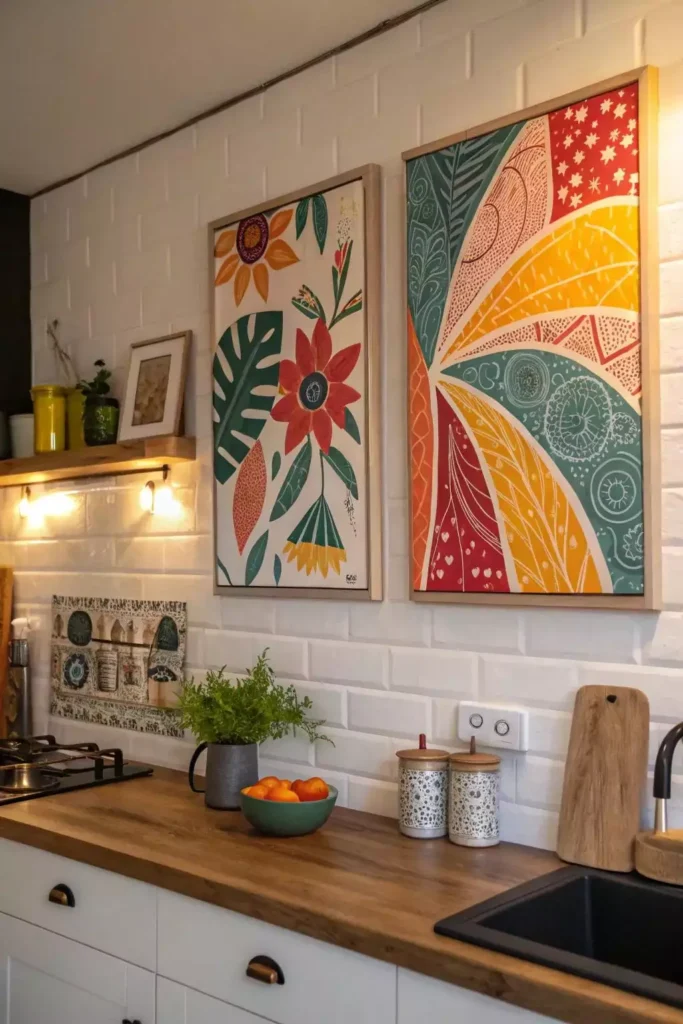 Colorful floral diptych on a white brick kitchen wall