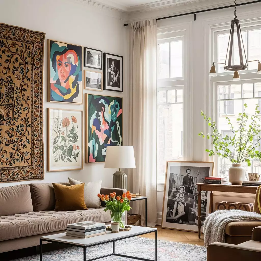 Colorful gallery wall paired with a vintage tapestry above a taupe sofa