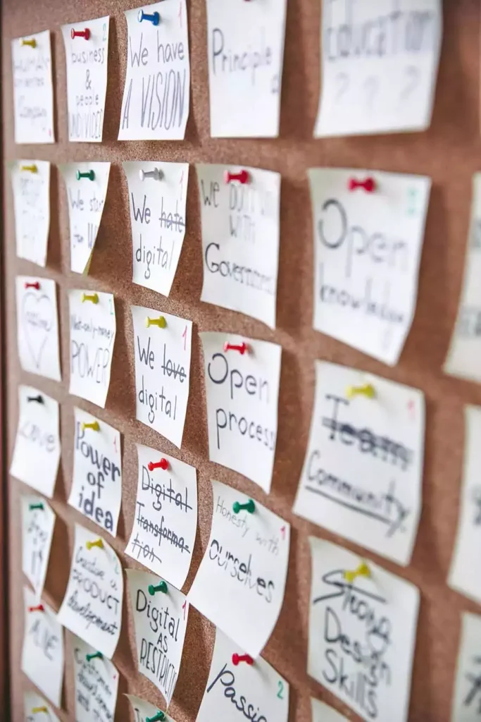 Cork Board Sticky Notes Wall with Handwritten Business Brainstorming Notes Pinned by Colorful Push Pins