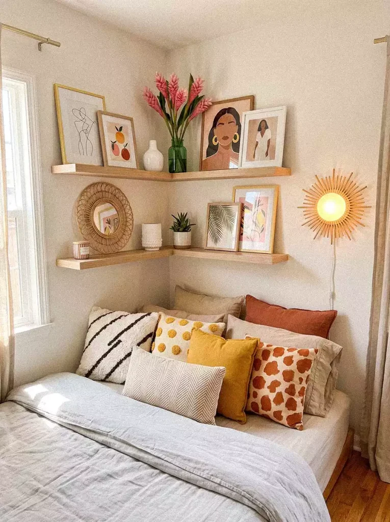 Corner Floating Shelves With Framed Art A Sunburst Light And A Rattan Mirror As Dorm Wall Decor