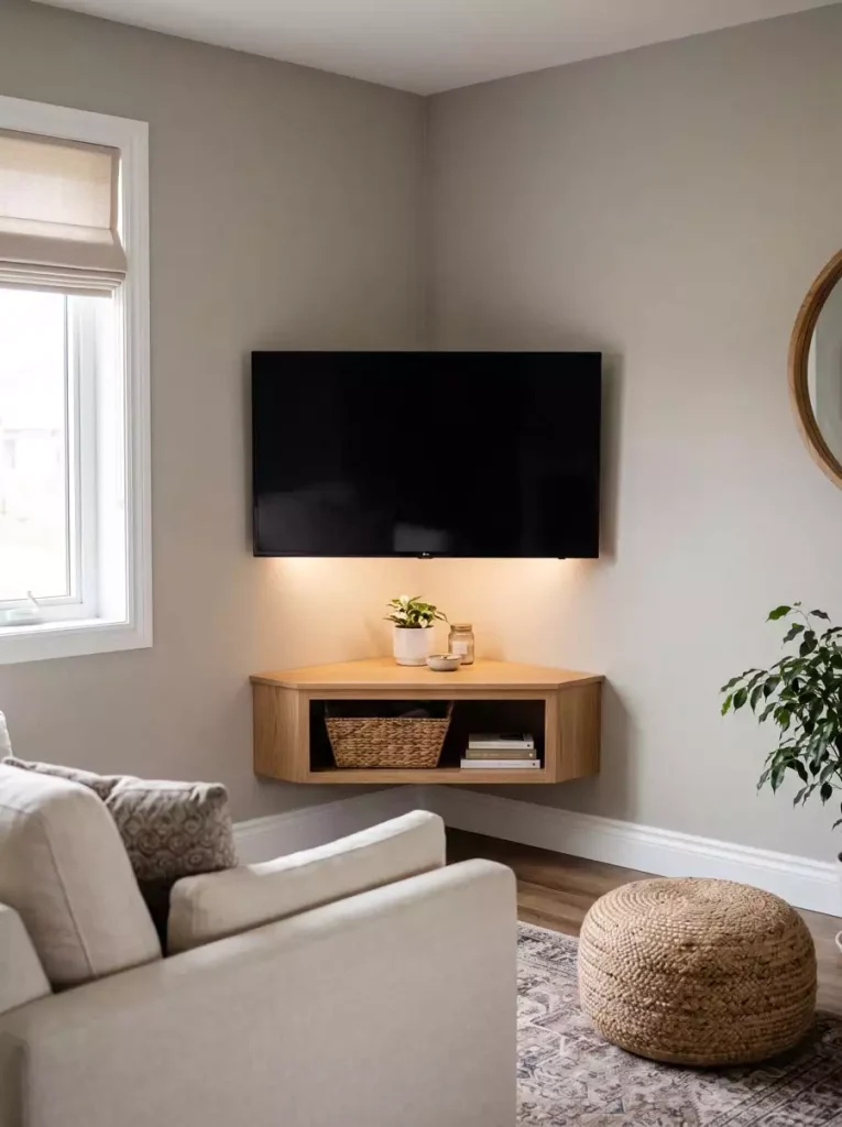Corner Mounted TV Wall With Floating Oak Shelf And Woven Basket Storage
