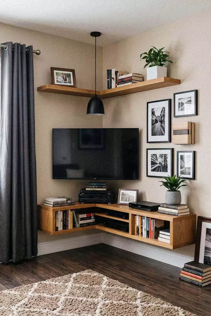 Corner TV Wall Media Console with a Black and White Photo Gallery