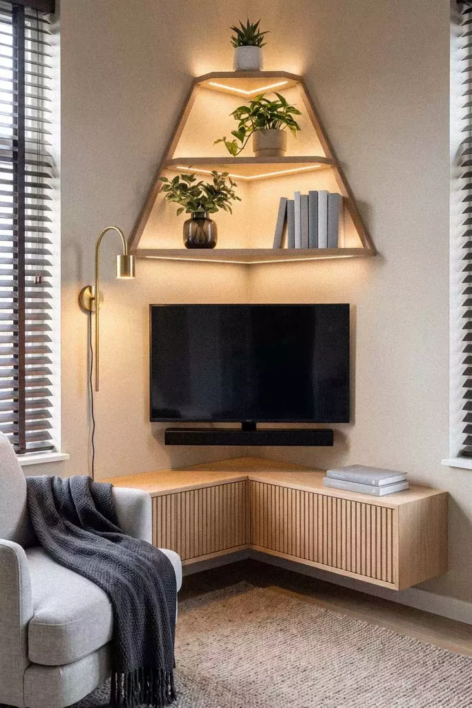 Corner TV Wall Shelf with Pyramid Lighting and Potted Greenery