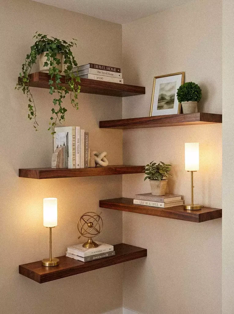 Corner Wall Shelf Decor In Dark Wood With Lamps And Books