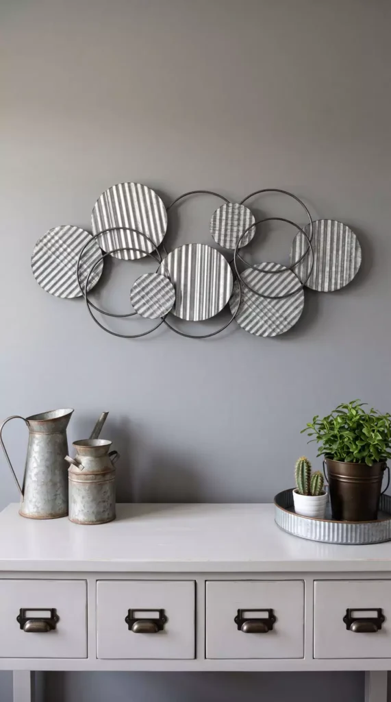 Corrugated metal disc wall decor in a cloud formation above a console table