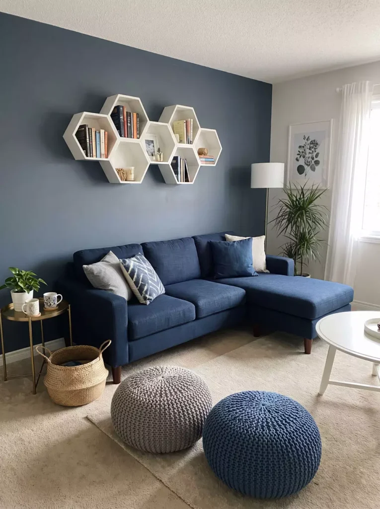 Cozy Blue Living Room With A Honeycomb Bookshelf And Knitted Floor Poufs