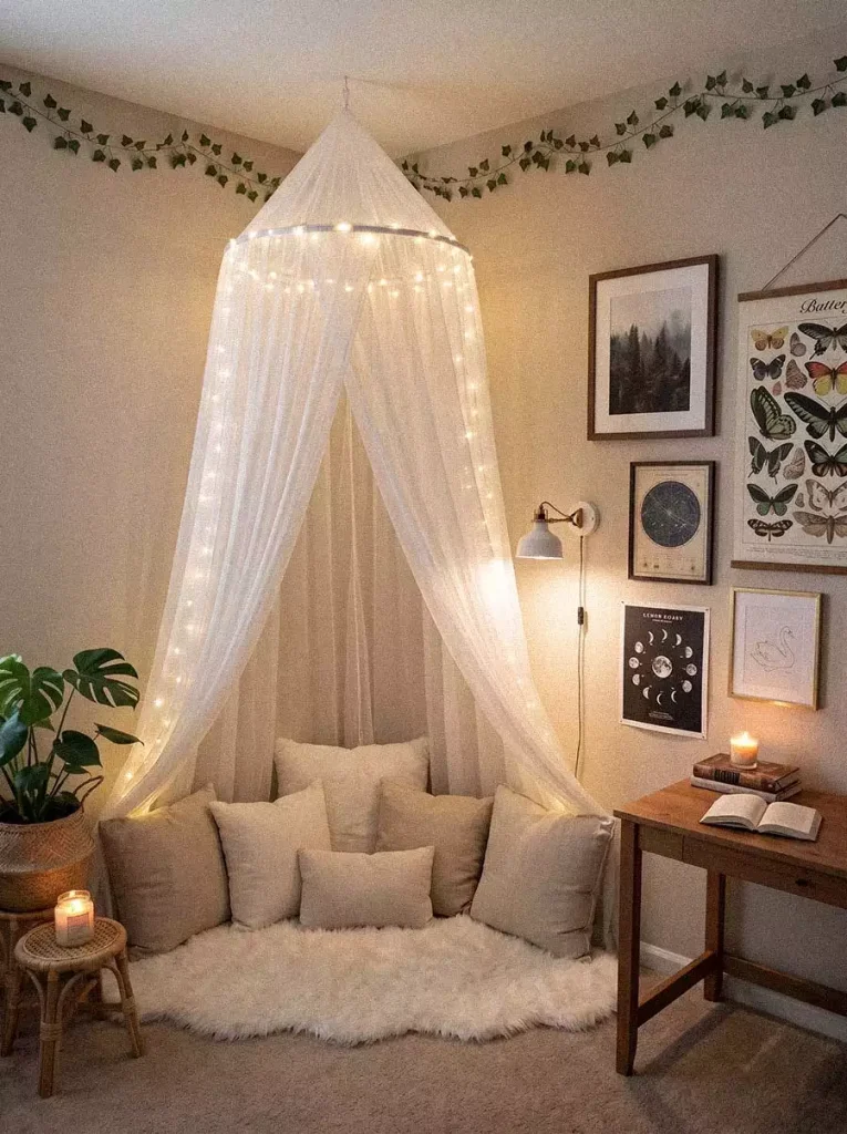 Cozy Canopy Reading Nook Wall Corner Decor With Fairy Lights And Cushions