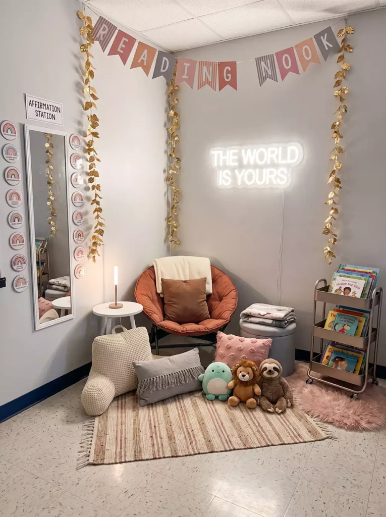 Cozy Classroom Reading Nook Corner With A Reading Nook Banner And Glowing Neon Sign