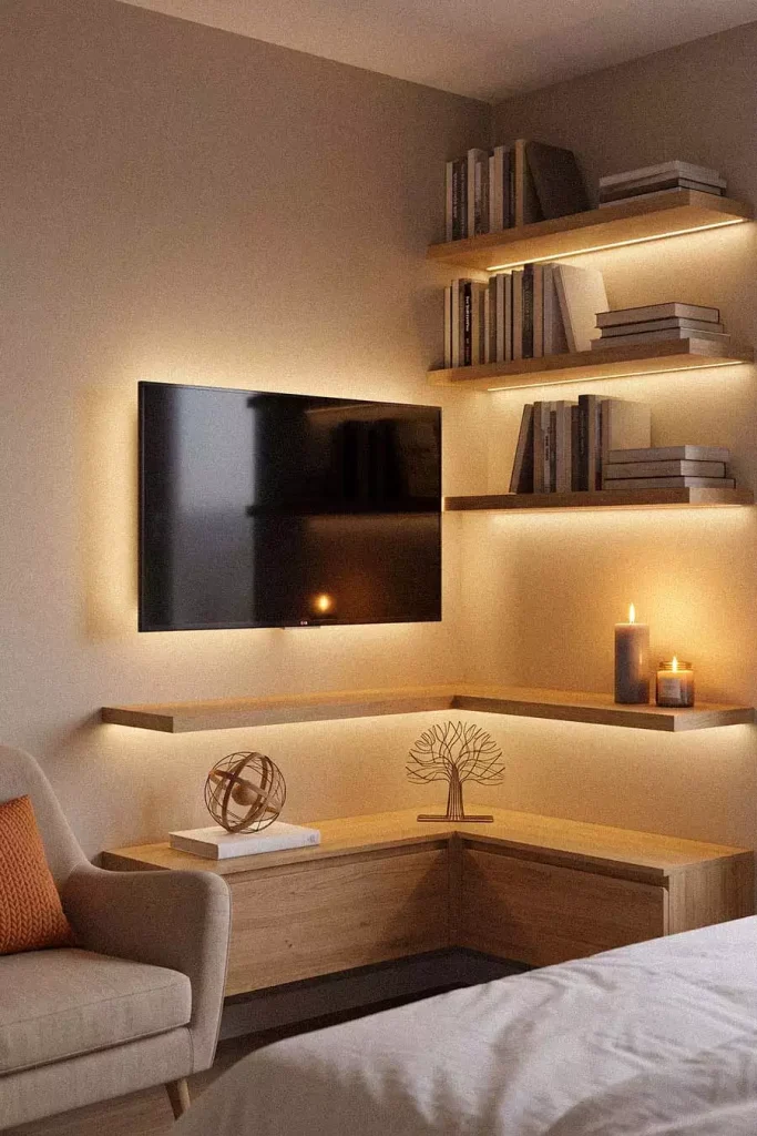 Cozy Corner TV Wall Nook With Ambient LED Shelf Lighting
