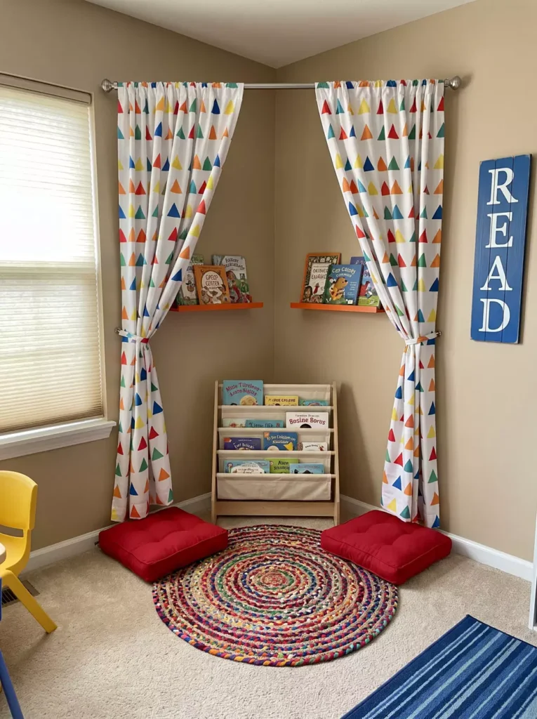 Cozy Kids Reading Nook Corner With Triangle Print Curtains And A Read Wall Sign