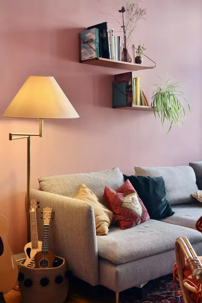 Cozy Living Room Corner With Pink Wall Decor Bookshelf And Brass Lamp