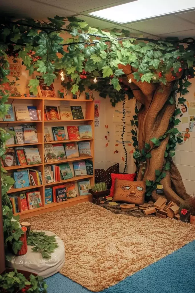 Cozy Reading Corner Under A Leafy Tree Branch Canopy With A Woven Rug
