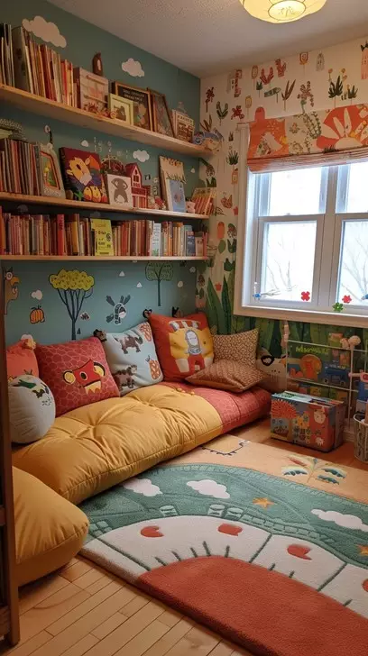 Cozy Reading Nook Corner With Wallpapered Walls And A Floor Cushion Reading Bed