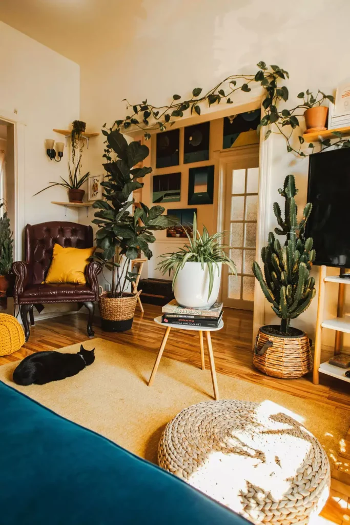 Cozy boho living room decor with brown leather armchair yellow pillow fiddle leaf fig and woven pouf