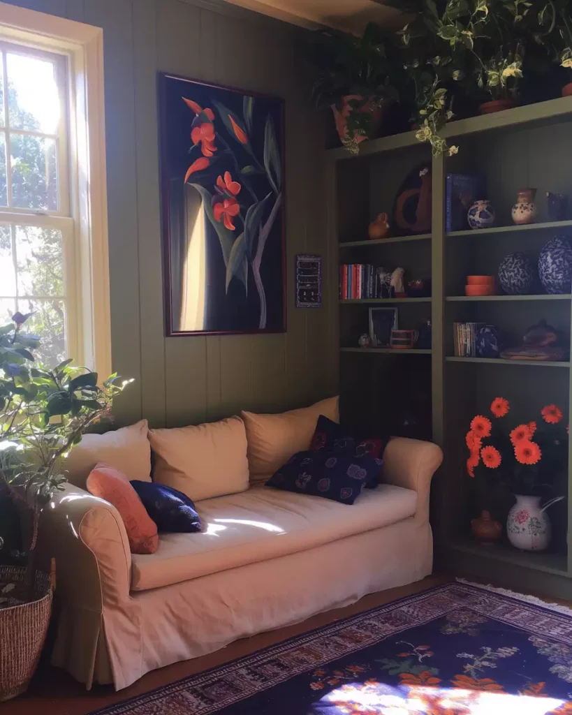 Cozy living room interior corner with a floral painting, green built-in shelves, slipcover sofa, and plants