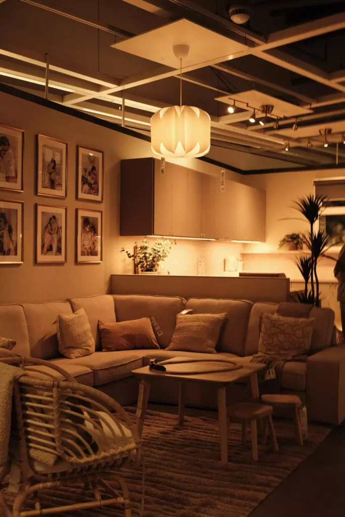 Cozy tan wall living room display with a beige sectional and warm pendant lighting