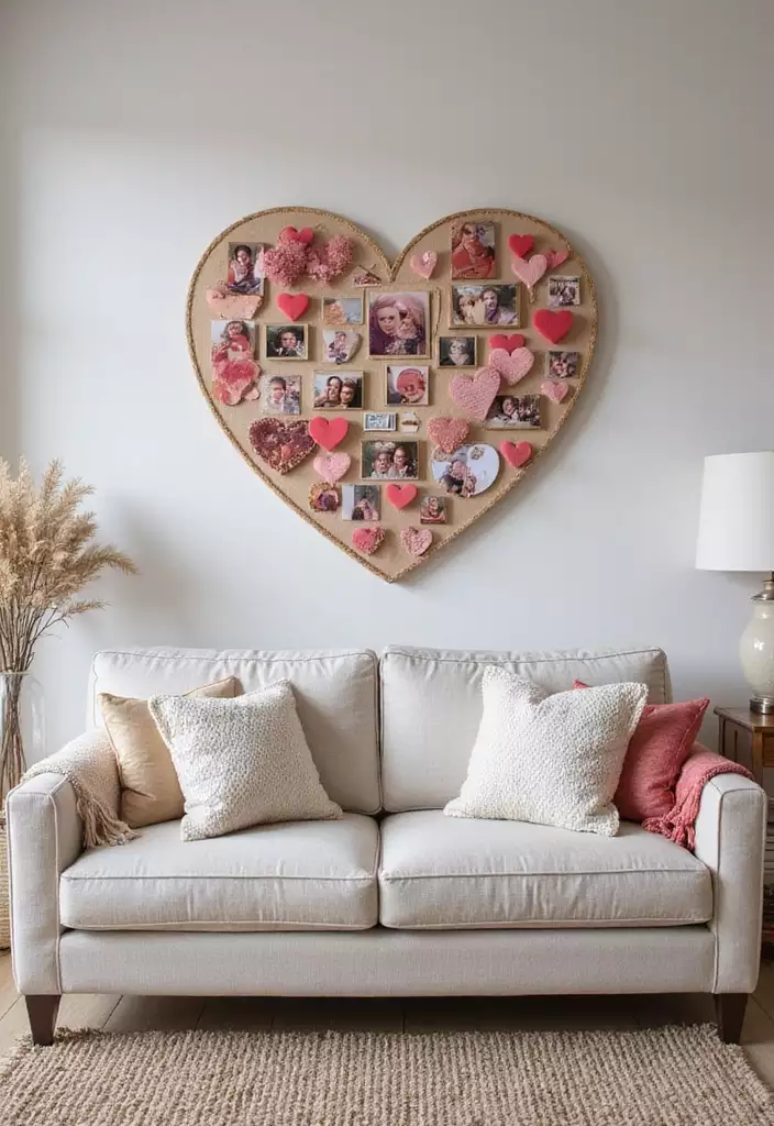 Cream sofa below a heart-shaped photo collage on the above sofa wall