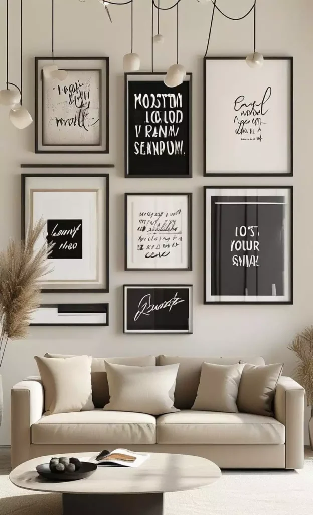 Cream sofa under a black-and-white typography above sofa wall
