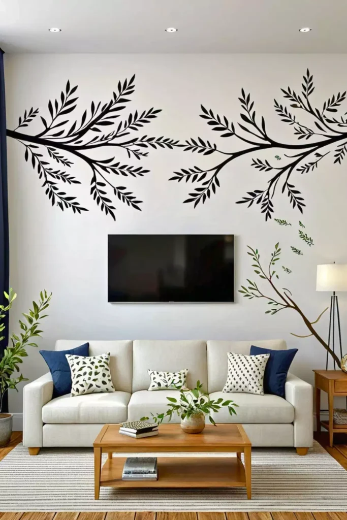 Cream sofa under black branch decals and a TV on the above sofa wall