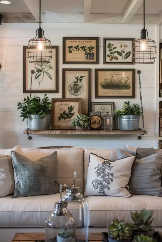 Cream sofa under botanical prints and cage pendants on the above sofa wall
