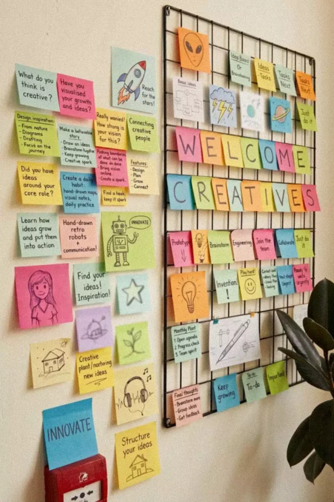 Creative Sticky Notes Wall of Brainstorming and Idea Notes on a Black Wire Grid Beside Doodled Notes of a Rocket and a Robot