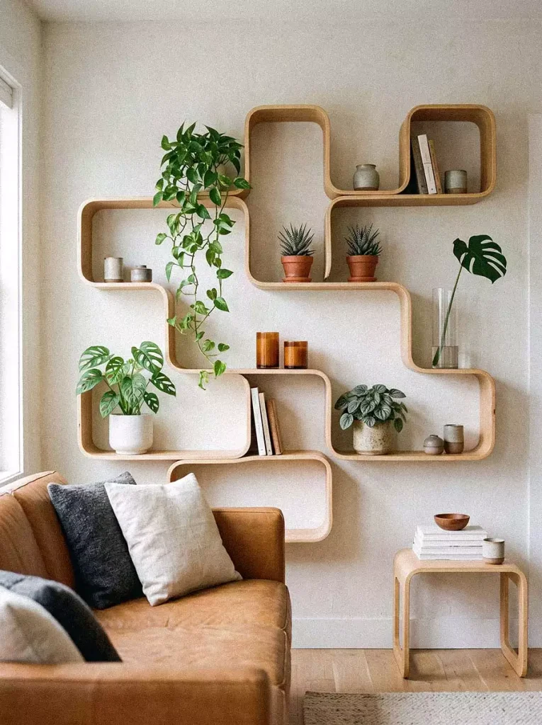 Cross Shaped Modular Wall Shelf Decor With Plants And Candles