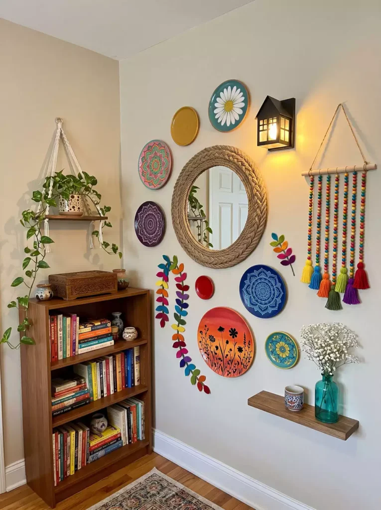 DIY corner wall decor with boho decorative plates and burgundy tassel garland with potted pothos on shelf