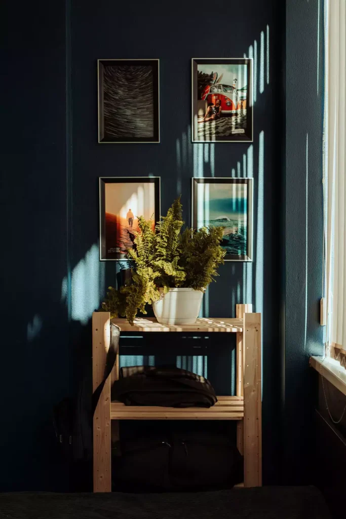 DIY corner wall decor with dark navy accent wall and four framed botanical prints above wooden shelf with fern