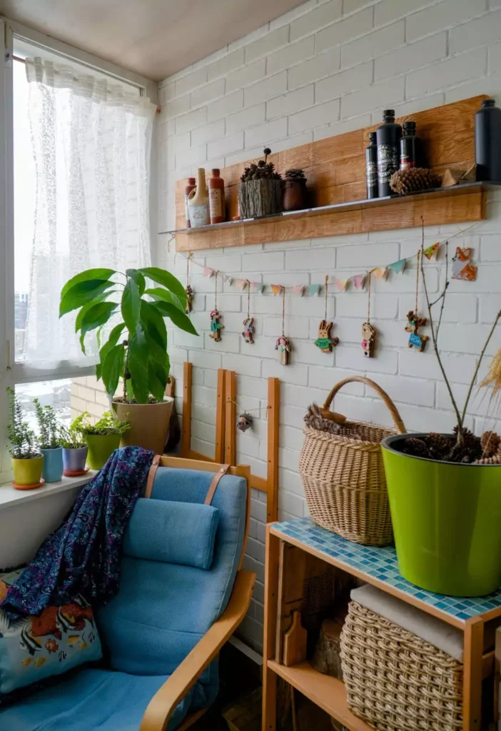 DIY corner wall decor with white brick accent wall and wooden shelf with bunting garland and potted plants