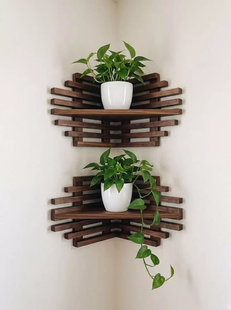 DIY corner wall decor with wooden corner shelves displaying trailing pothos in woven basket by bedroom doorway