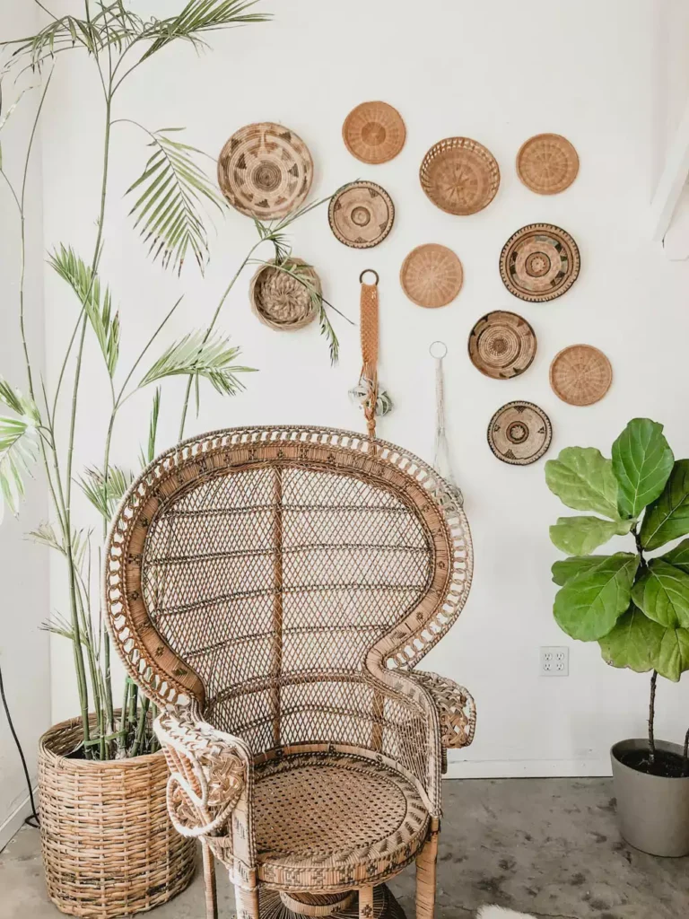 DIY corner wall decor with woven plate wall arrangement and peacock rattan chair surrounded by indoor plants