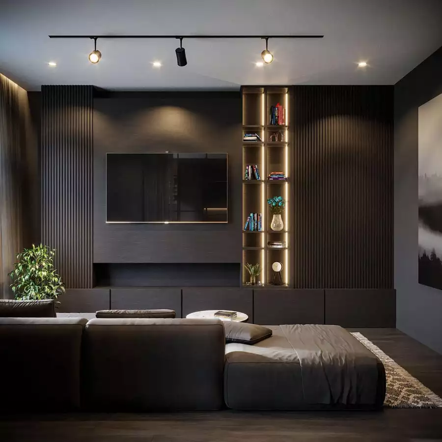 Dark Ribbed TV Wall With Glowing Ladder Bookshelf And Leather Sofa