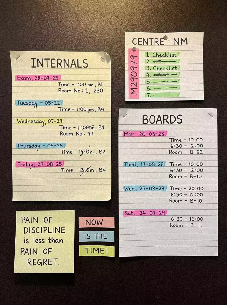 Dark Sticky Notes Wall with Handwritten Exam Study Schedules on Lined Paper and a Motivational Note