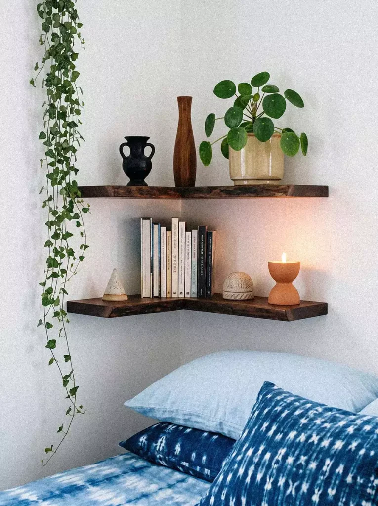 Dark Wood Wall Shelf Decor Mounted Above A Cozy Bed Corner