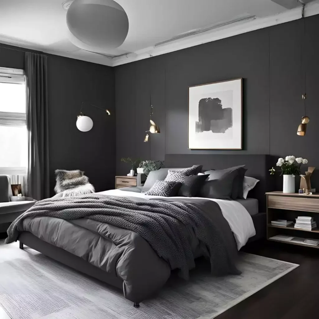 Dark charcoal bedroom wall idea with brass sconces, abstract art and knit throw blanket