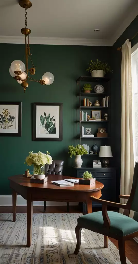 Dark green wall office with a brass chandelier and framed botanical prints