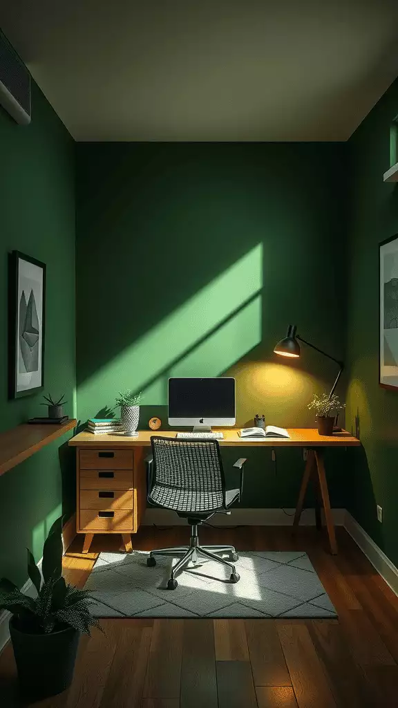Dark green wall office with dramatic natural light and a mid-century desk