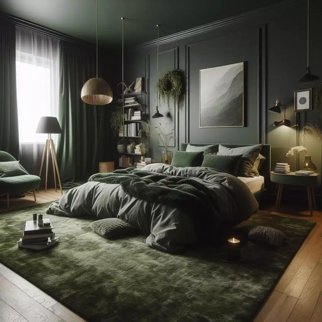 Dark green walls and ceiling in a moody bedroom with velvet pillows and a plush rug